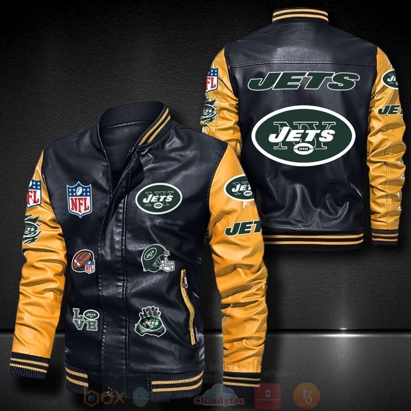 BEST NFL New York Jets 2D Leather Bomber Jacket 6 NFL New York Jets Bomber Leather Jacket 1 2 3 4 5