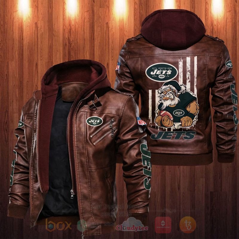 BEST NFL New York Jets Santa Rugby Team 2D Leather PU Jacket 2 NFL New York Jets Santa Rugby Team Leather Jacket 1