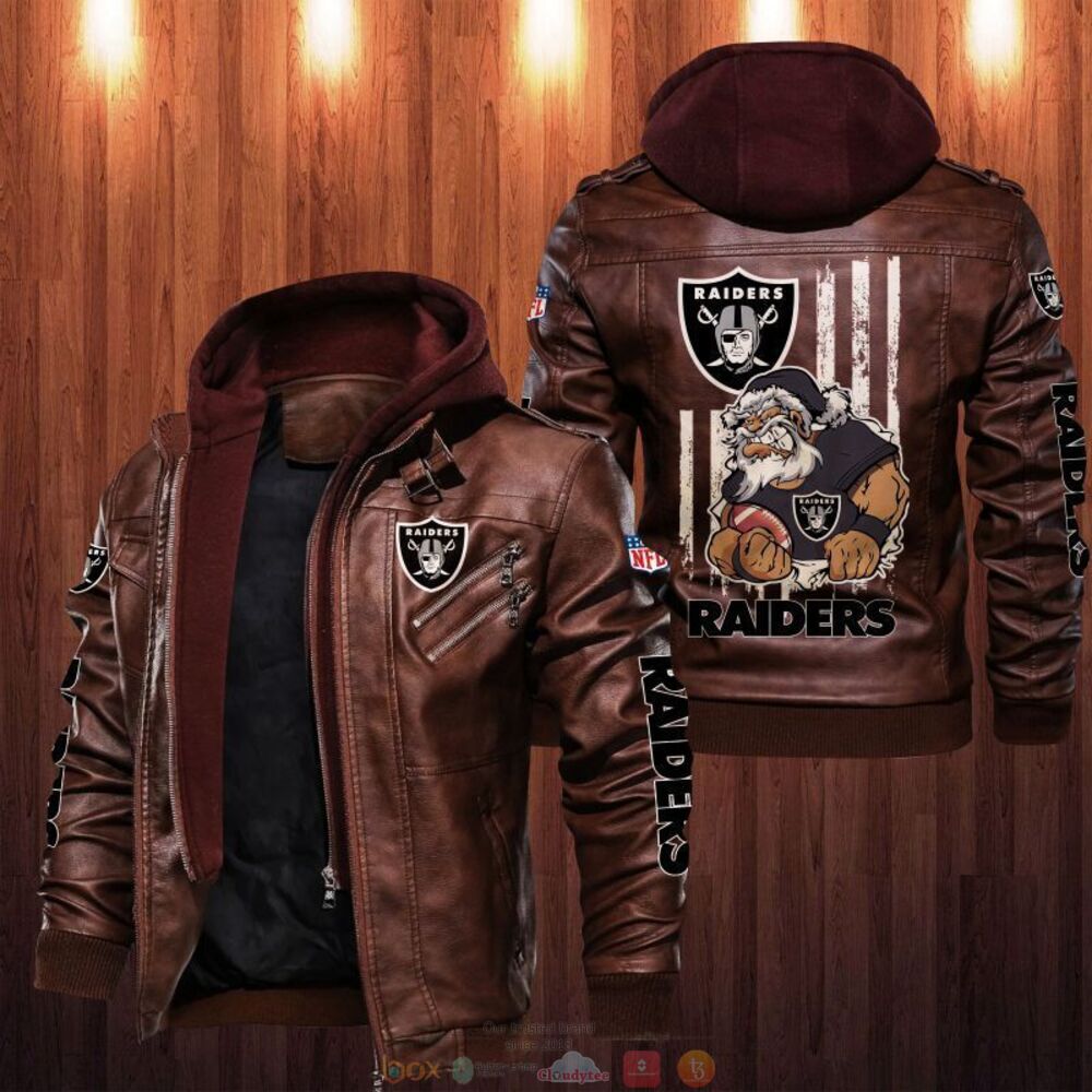 NFL Oakland Raiders Santa Thin Line Flag Leather Jacket 2 NFL Oakland Raiders Santa Thin Line Flag Leather Jacket 1