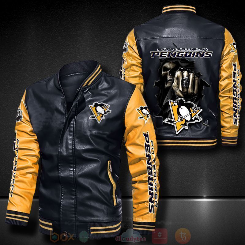 NFL Pittsburgh Penguins Death Skulls Bomber Leather Jacket 1 2 3 4 5