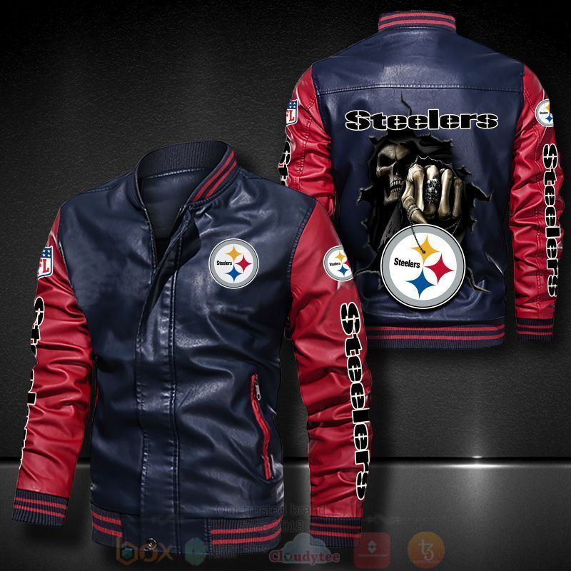 BEST NFL Pittsburgh Steelers Death Skulls 2D Leather Bomber Jacket 4 NFL Pittsburgh Steelers Death Skulls Bomber Leather Jacket 1 2 3