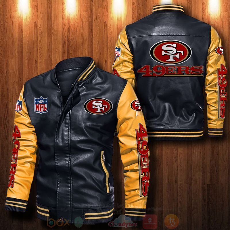 BEST NFL San Francisco 49ers 2D Leather Bomber Jacket 6 NFL San Francisco 49ers Bomber Leather Jacket 1 2 3 4 5