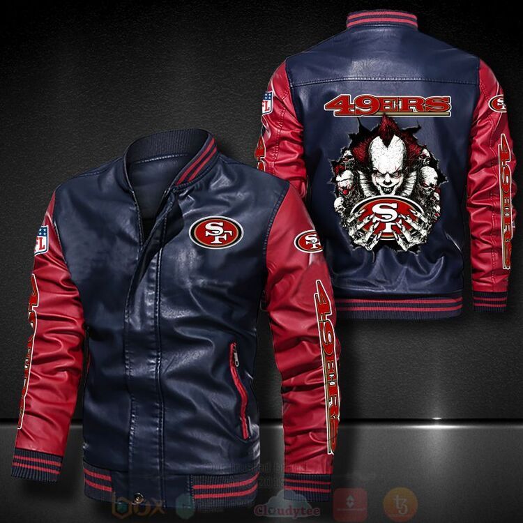 BEST NFL San Francisco 49ers IT Clown Pennywise 2D Leather Bomber Jacket 4 NFL San Francisco 49ers IT Clown Pennywise Bomber Leather Jacket 1 2 3