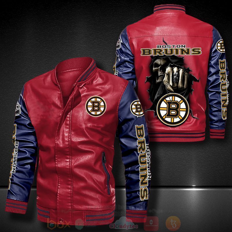 BEST NHL Boston Bruins Death Skulls 2D Leather Bomber Jacket 5 NHL Boston Bruins Death Skulls Bomber Leather Jacket 1 2 3 4