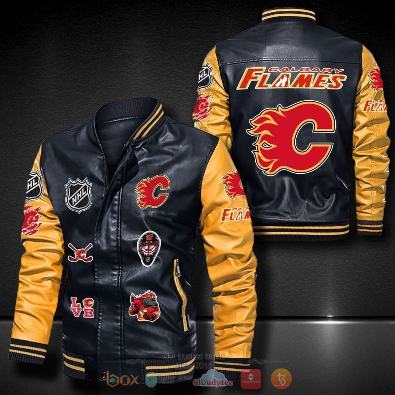 NHL Calgary Flames logo team Bomber leather jacket 1 2 3 4 5