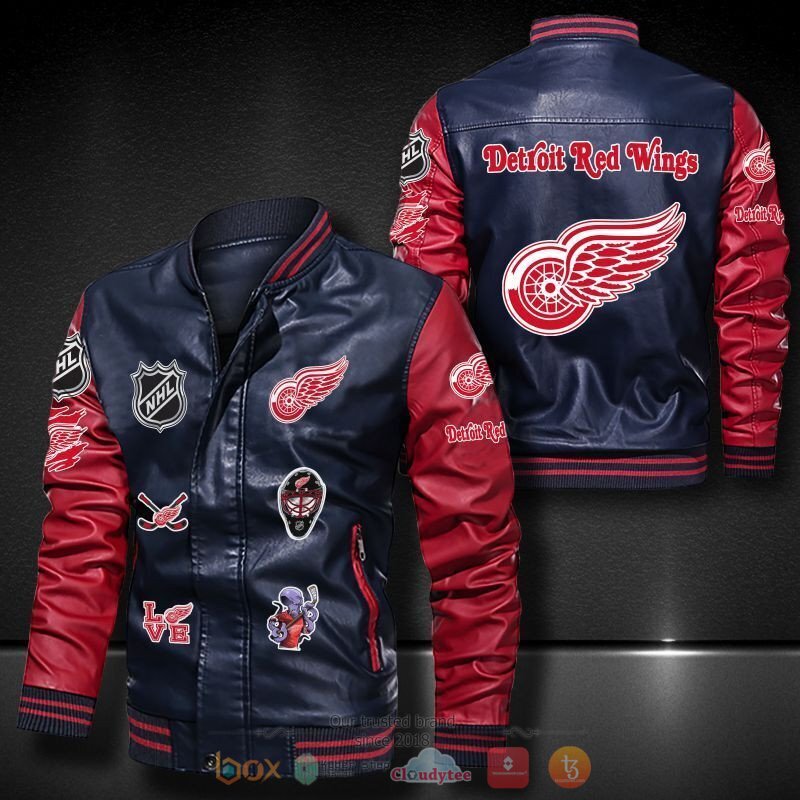 NHL Detroit Red Wings logo team Bomber leather jacket 4 NHL Detroit Red Wings logo team Bomber leather jacket 1 2 3