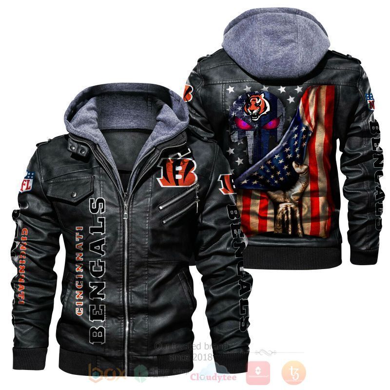 National Football League Cincinnati Bengals Punisher Skull US Flag Leather Jacket