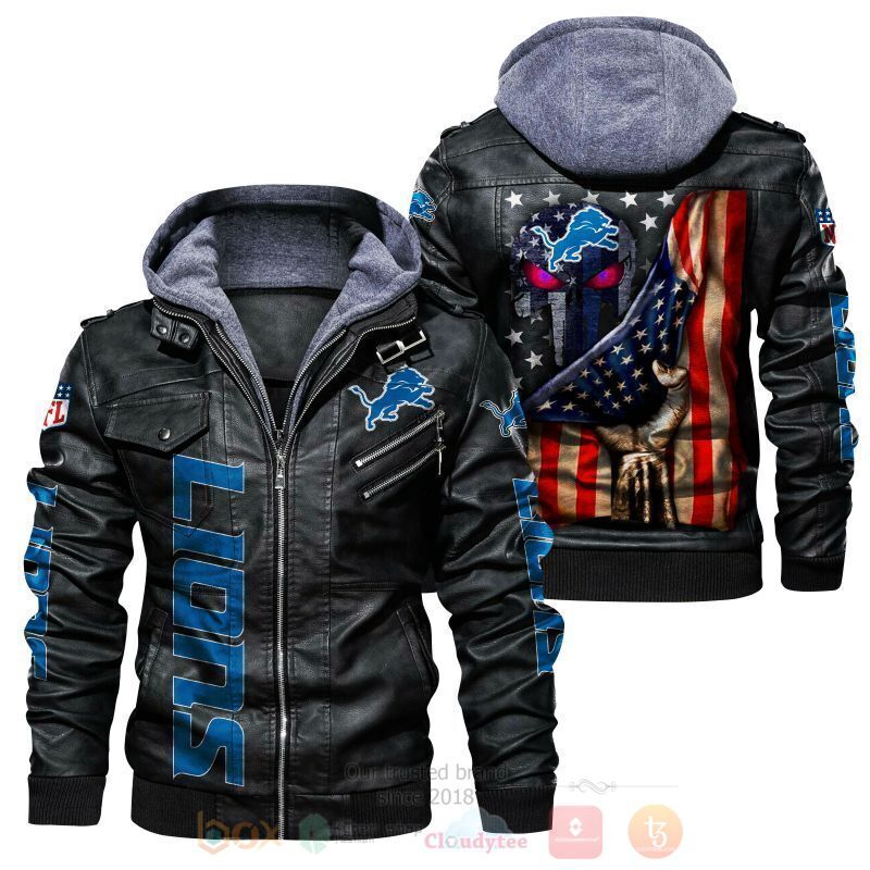 National Football League Detroit Lions Punisher Skull US Flag Leather Jacket