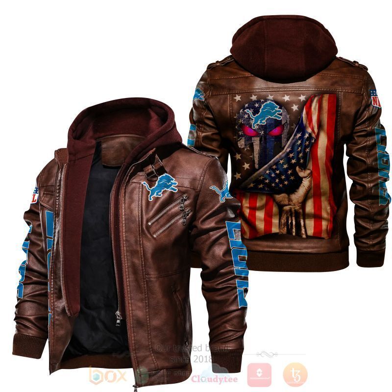 BEST National Football League Detroit Lions Punisher Skull US Flag 2D Leather PU Jacket 2 National Football League Detroit Lions Punisher Skull US Flag Leather Jacket 1