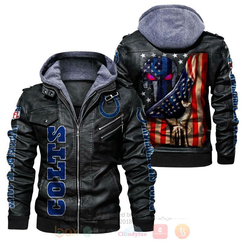 BEST National Football League Indianapolis Colts Punisher Skull US Flag 2D Leather PU Jacket 5 National Football League Indianapolis Colts Punisher Skull US Flag Leather Jacket
