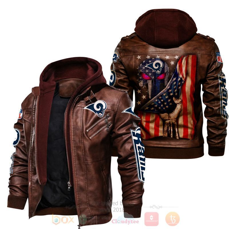 BEST National Football League Los Angeles Rams Punisher Skull US Flag 2D Leather PU Jacket 2 National Football League Los Angeles Rams Punisher Skull US Flag Leather Jacket 1