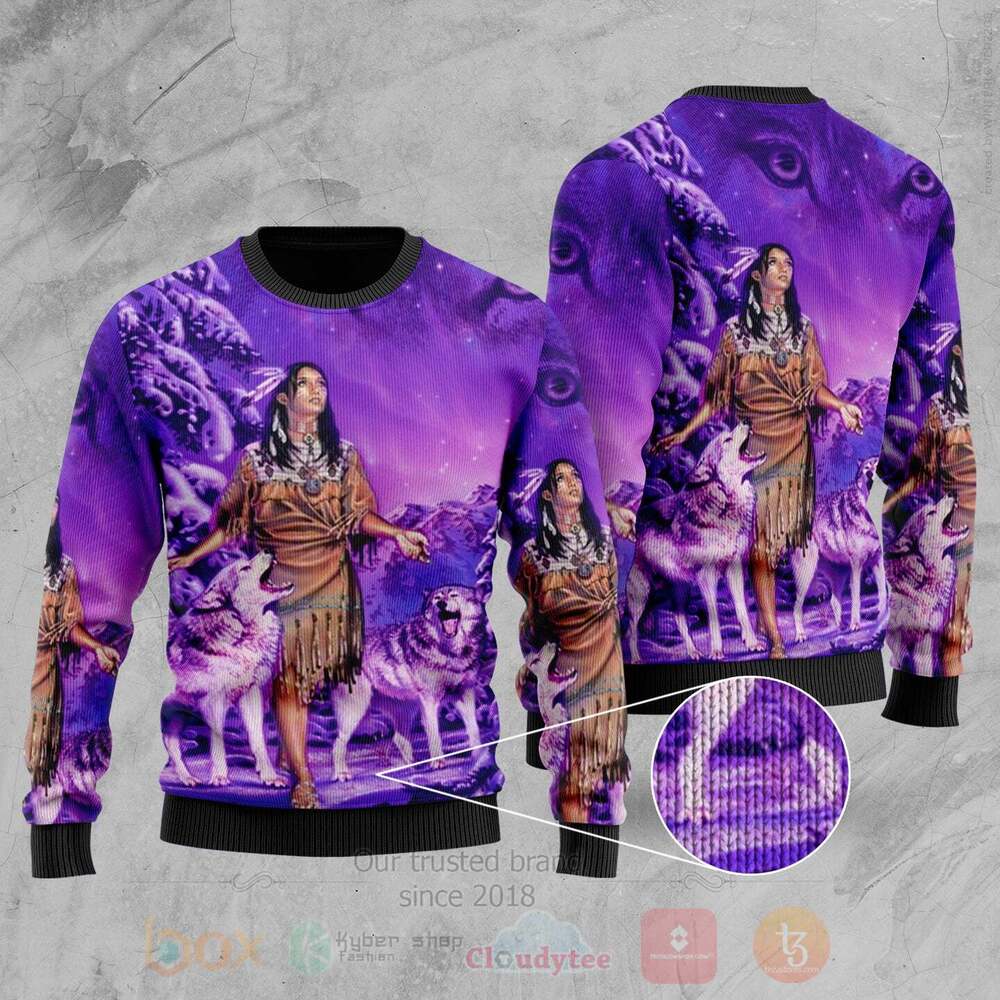Native Girl And Wolf Purple Sweater