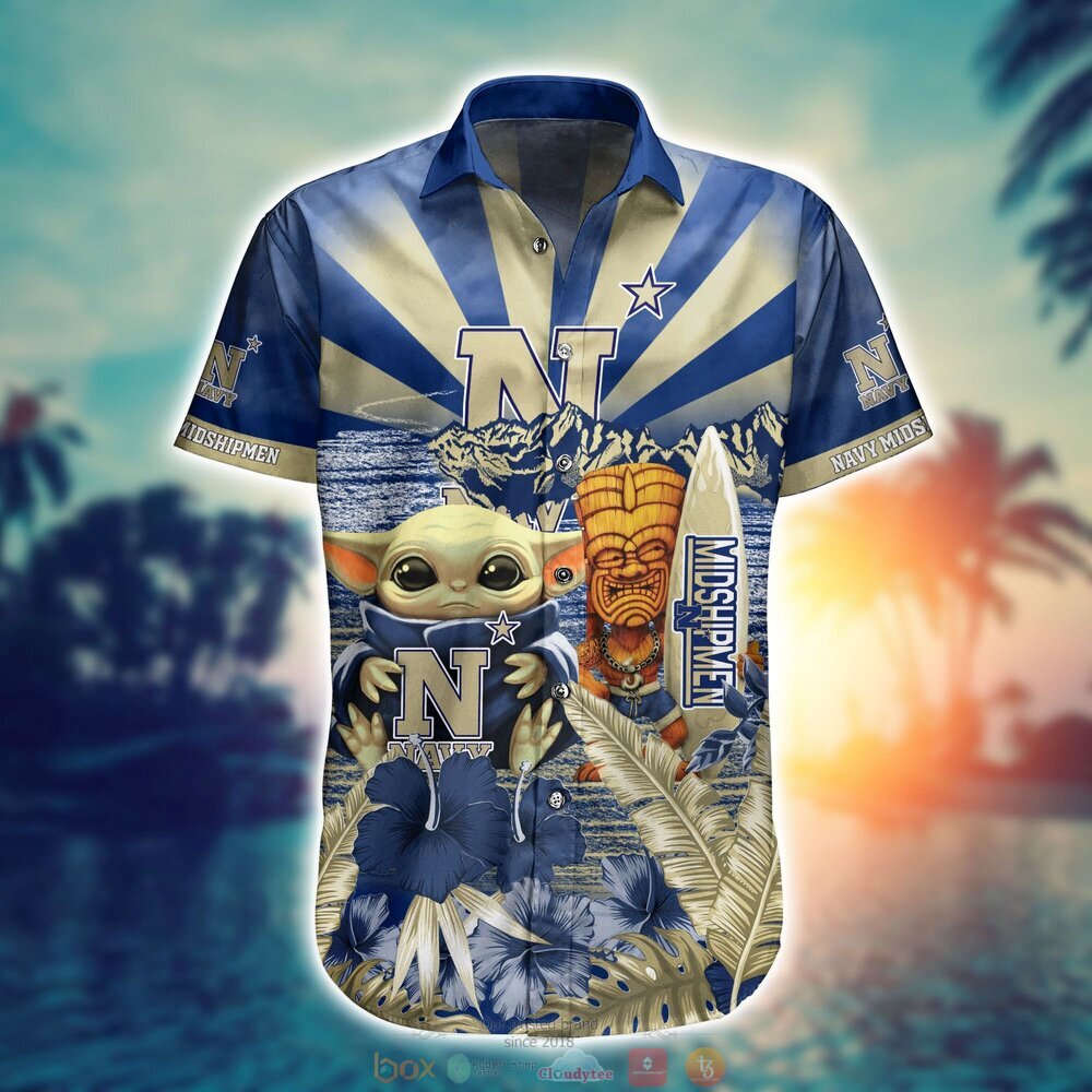 Navy Midshipmen Baby Yoda NCAA Hawaiian Shirt, Shorts 2 Navy Midshipmen NCAA Baby Yoda Hawaiian Shirt Shorts 1