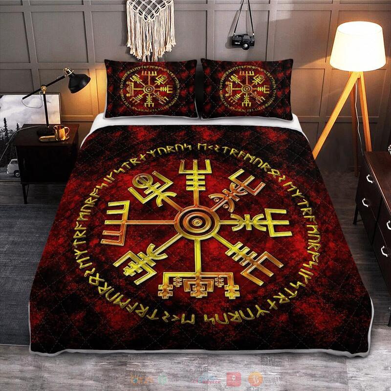 Viking Vegvisir And Rune Quilt Bedding Set