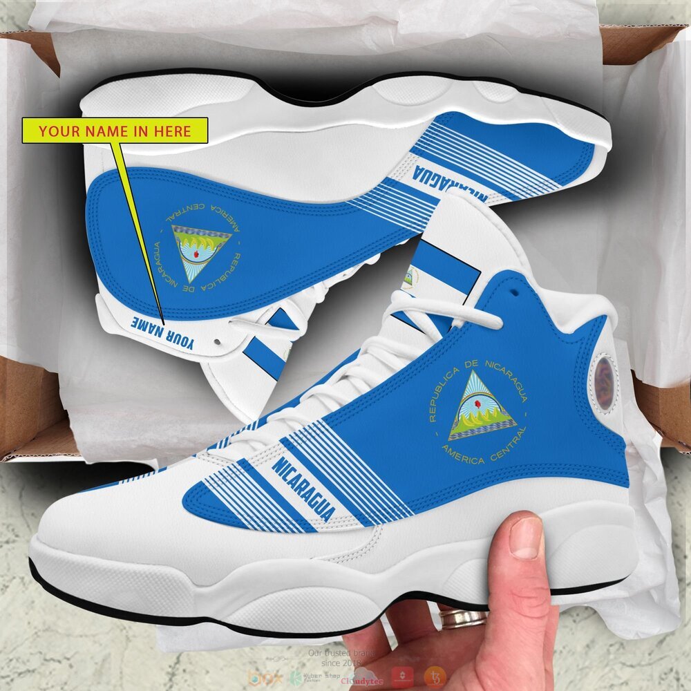 Coat of arms of Nicaragua white blue Personalized Air Jordan 13 sneaker 6 Personalized Coat of arms of Nicaragua white blue custom Air Jordan 13 shoes