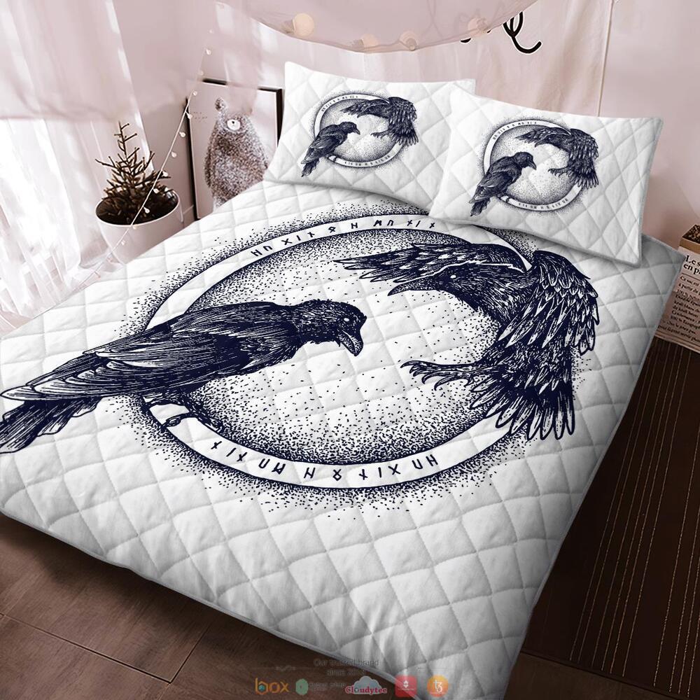 Raven Of Odin Hugin And Munin Viking White Quilt Bedding Set 1