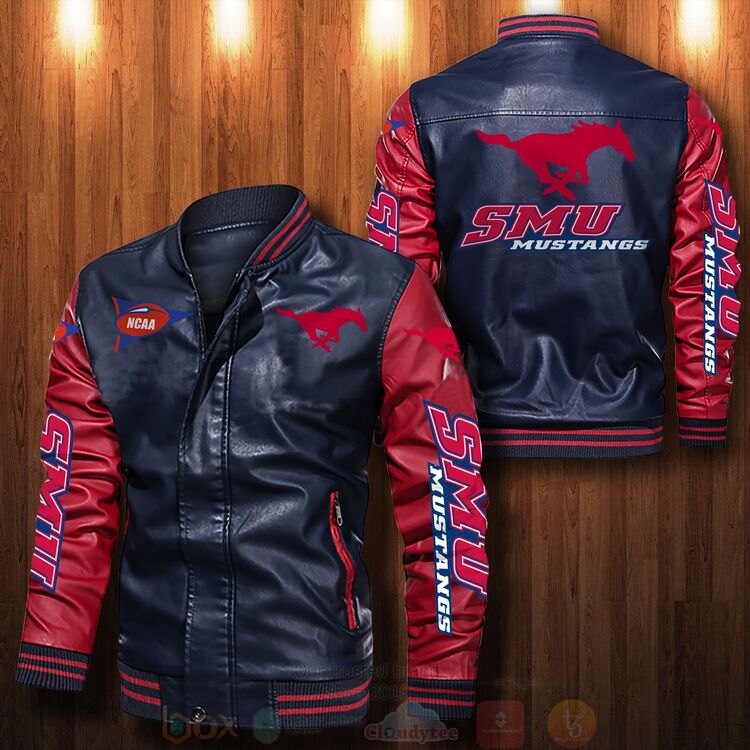 BEST SMU Mustangs 2D Leather Bomber Jacket 4 SMU Mustangs Bomber Leather Jacket 1 2 3