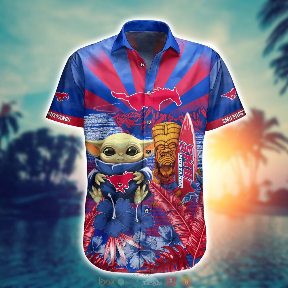 SMU Mustangs Baby Yoda NCAA Hawaiian Shirt, Shorts 2 SMU Mustangs NCAA Baby Yoda Hawaiian Shirt Shorts 1