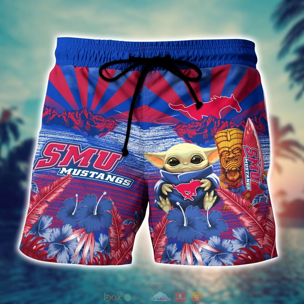 SMU Mustangs Baby Yoda NCAA Hawaiian Shirt, Shorts 4 SMU Mustangs NCAA Baby Yoda Hawaiian Shirt Shorts 1 2 3