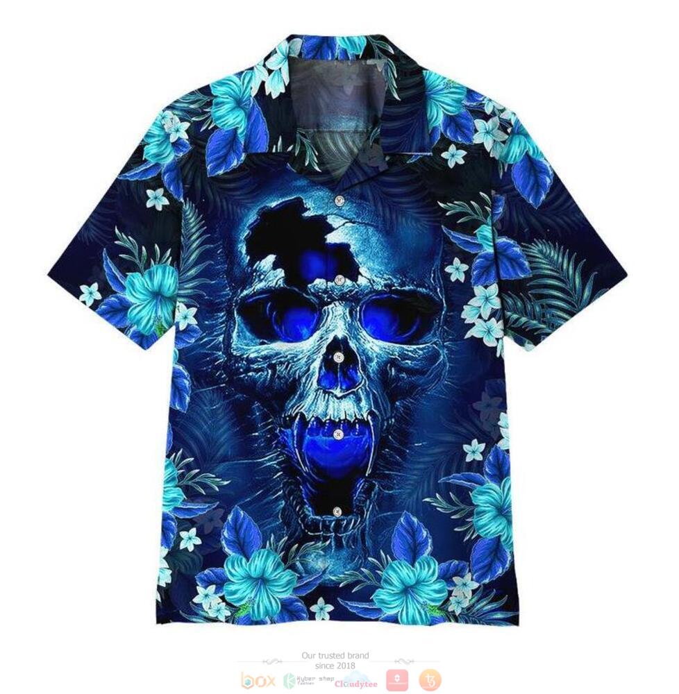 Skull tropical plant Blue hawaiian shirt