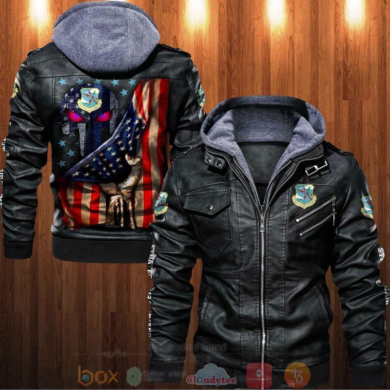 Strategic Air Command Punisher Skull American Flag Leather Jacket