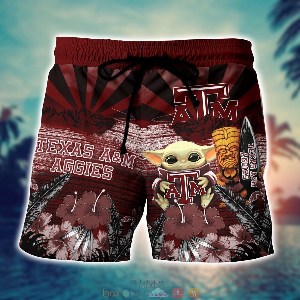 Texas A&M Aggies Baby Yoda NCAA Hawaiian Shirt, Shorts 4 Texas AM Aggies NCAA Baby Yoda Hawaiian Shirt Shorts 1 2 3
