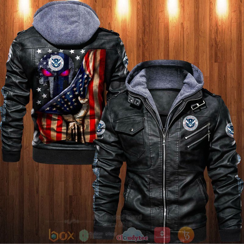 United States Department of Homeland Security Punisher Skull American Flag Leather Jacket