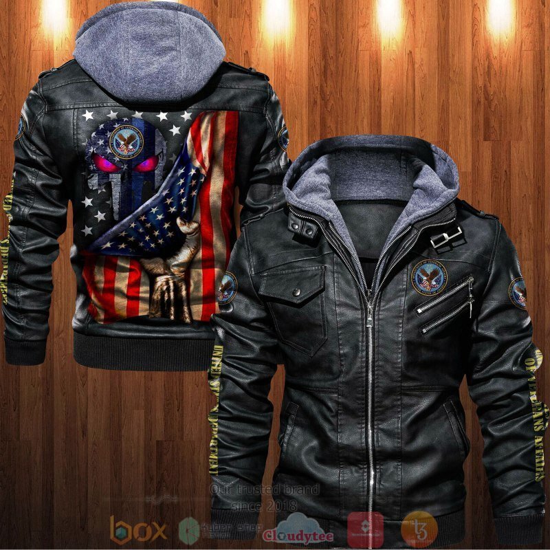 United States Department of Veterans Affairs Punisher Skull American Flag Leather Jacket