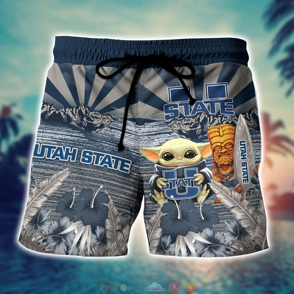 Utah State Aggies Baby Yoda NCAA Hawaiian Shirt, Shorts 4 Utah State Aggies NCAA Baby Yoda Hawaiian Shirt Shorts 1 2 3