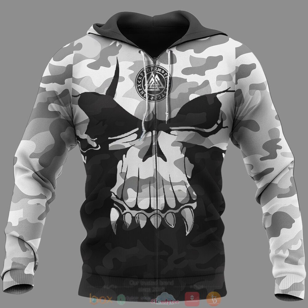 Valknut Skull Viking white black camo jersey shirt, hoodie 3 Valknut Skull Viking white black camo 3d shirt hoodie 1 2