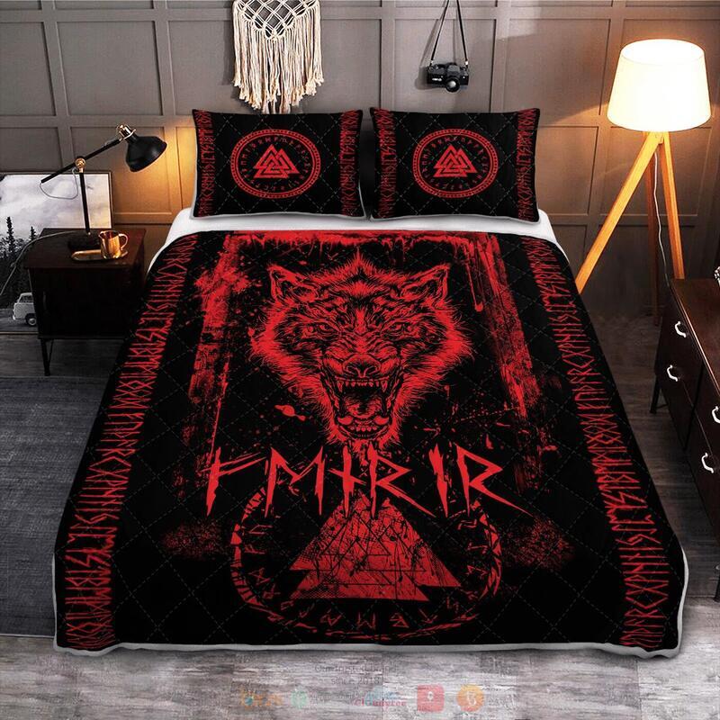 Viking Fenrir Wolf Valknut And Rune Quilt Bedding Set
