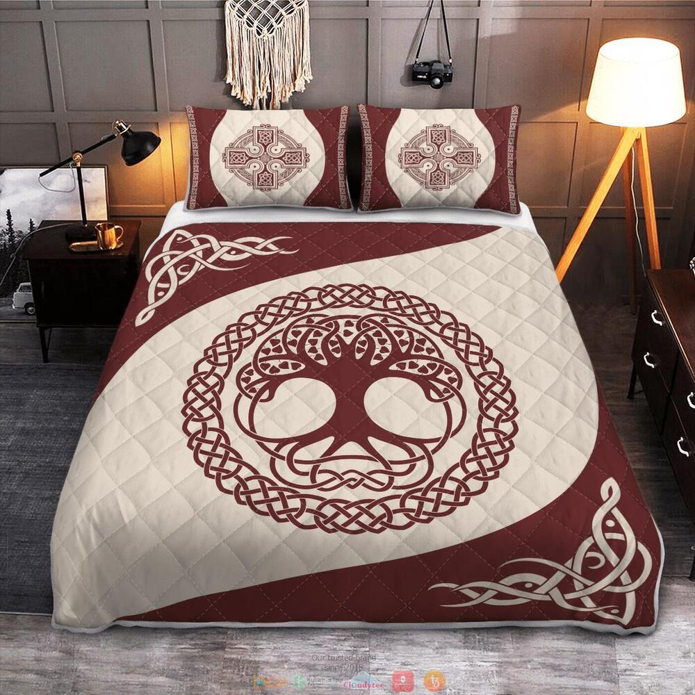 Viking Tree Of Life Yggdrasil Dark Red Quilt Bedding Set