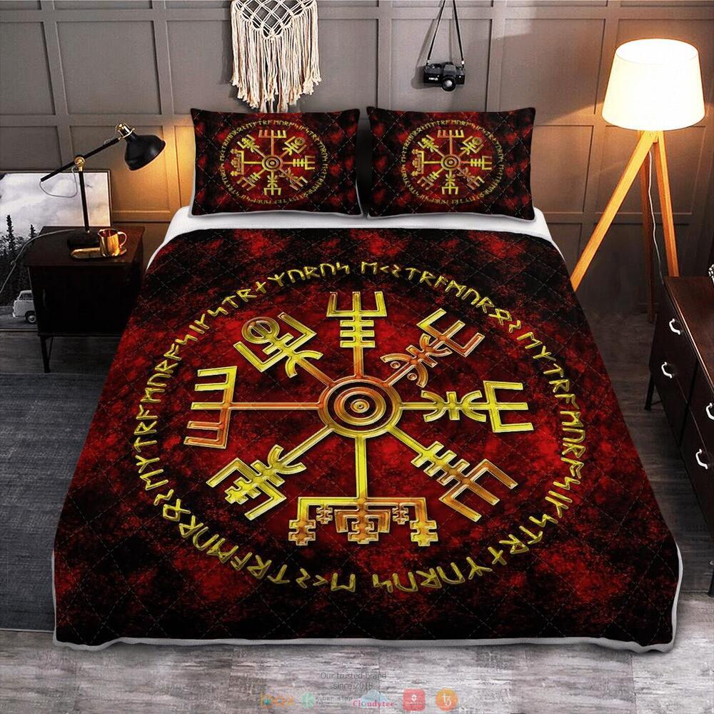 Viking Vegvisir And Rune Red Black Quilt Bedding Set