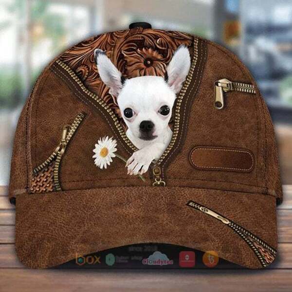 White Chihuahua Holding Daisy Cap Hat