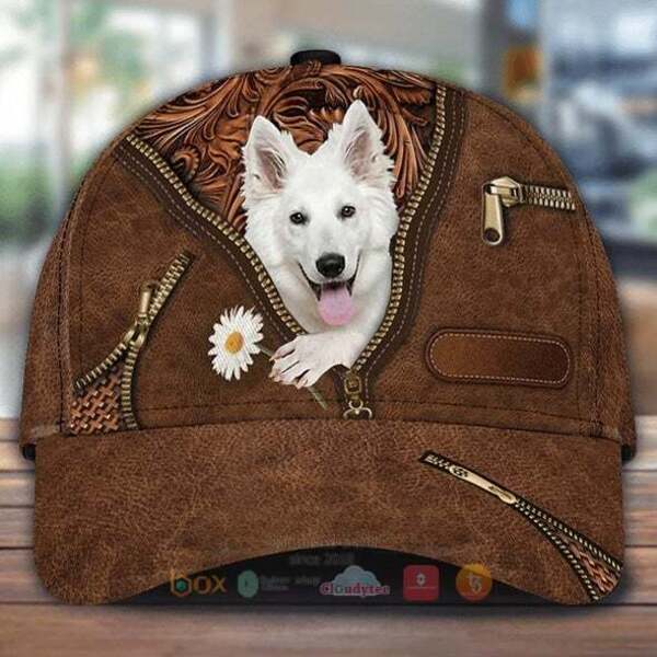 White German Shepherd Holding Daisy Cap Hat