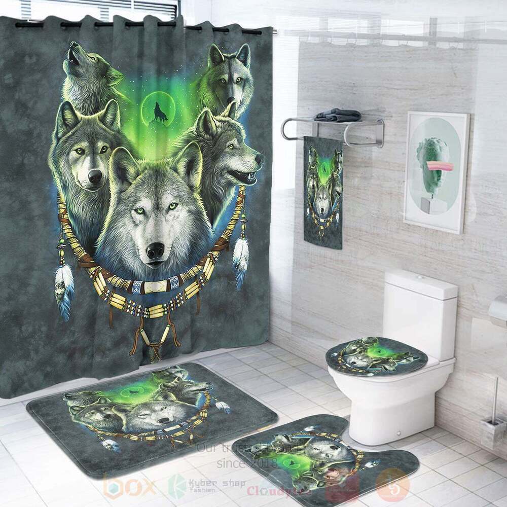 BEST Wolf Pack Moon Light Green Shower Curtain 1 Wolf Pack Moon Light Green Shower Curtain