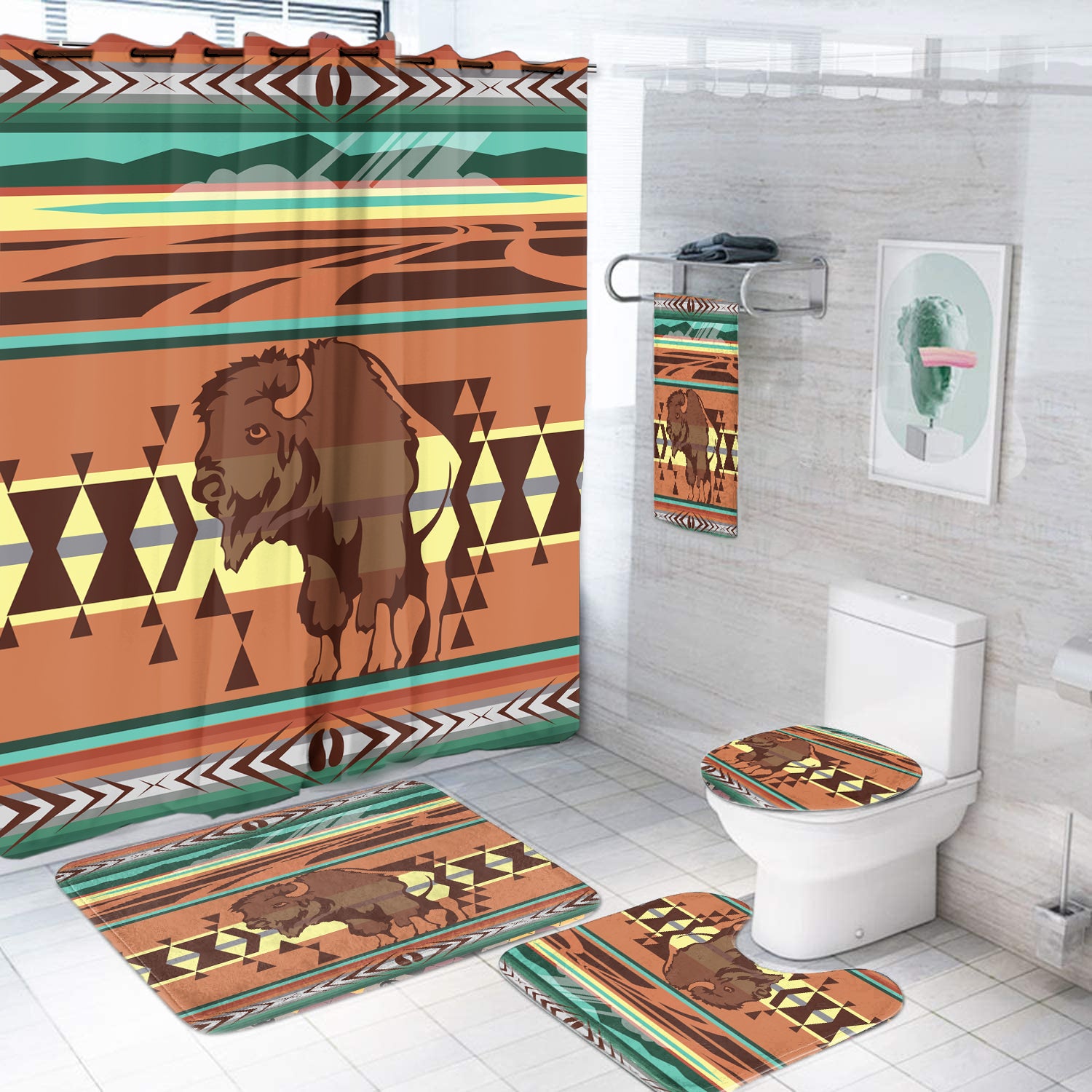 Bison Pattern Native American Bathroom Set