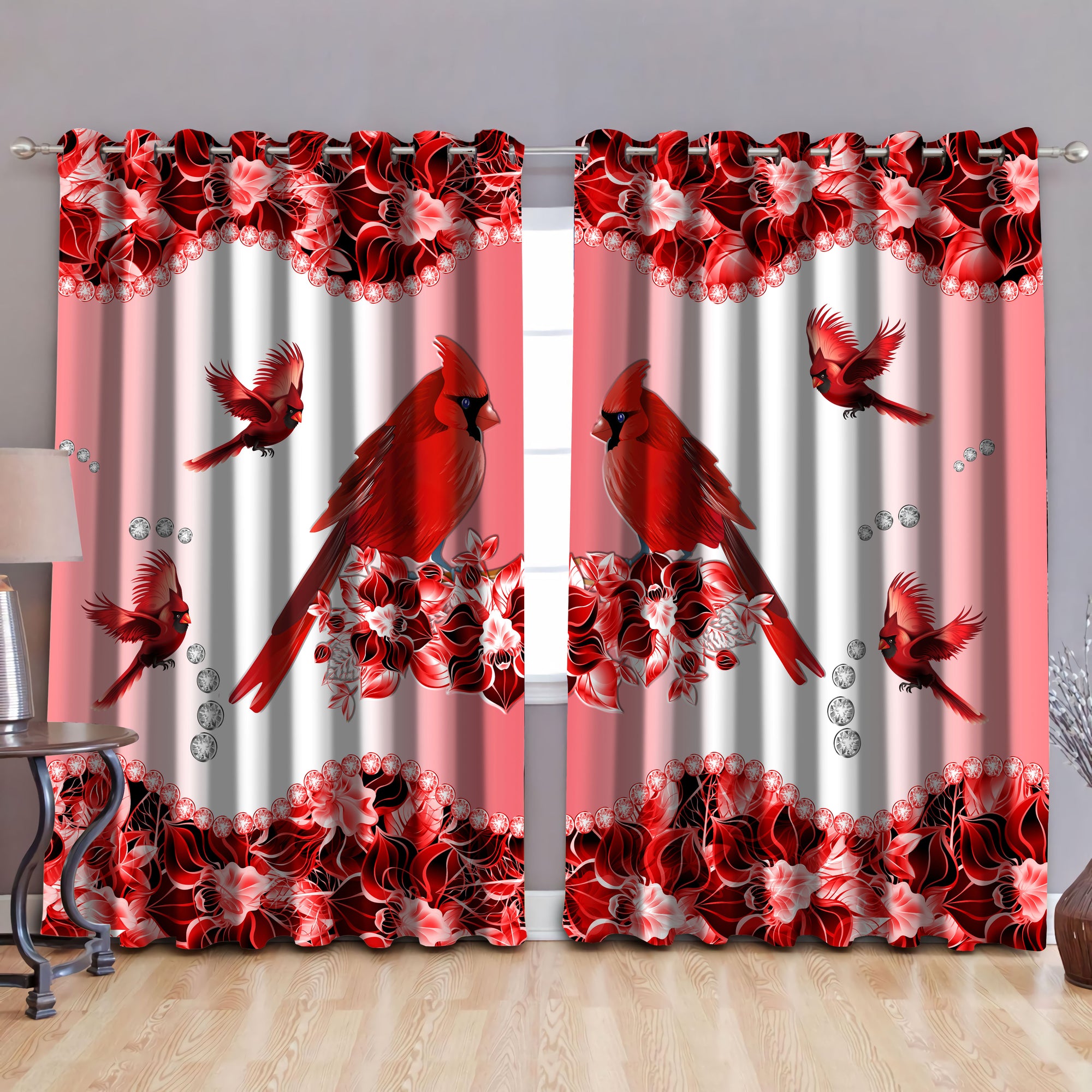 Cardinal Bird Couple Flowers Windown Curtain