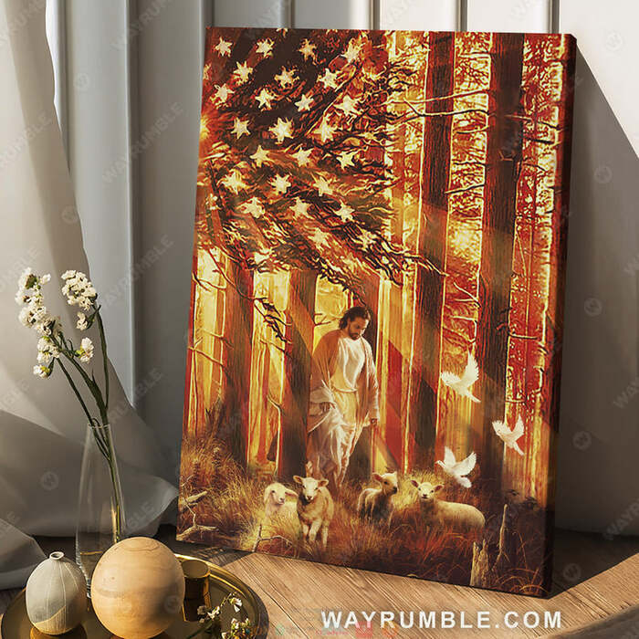 Jesus Walking with the lambs American flag Flag canvas