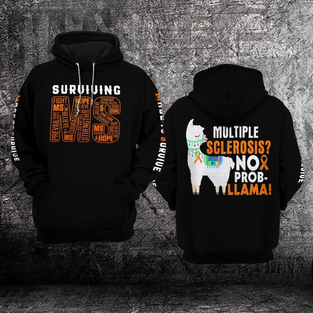 Llama SurViVing MS Multiple Sclerosis Awareness full print 3D hoodie 1 Llama SurViVing MS Multiple Sclerosis Awareness 3D hoodie