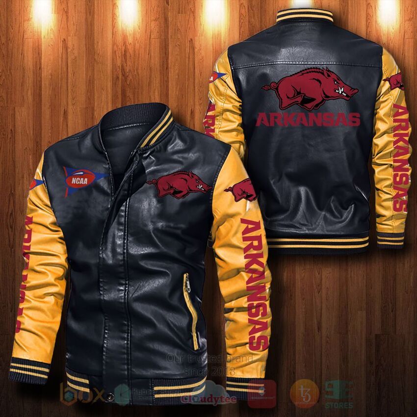 BEST NCAA Arkansas Razorbacks All Over Print Leather Bomber Jacket 4 NCAA Arkansas Razorbacks Leather Bomber Jacket 1 2 3 4 5