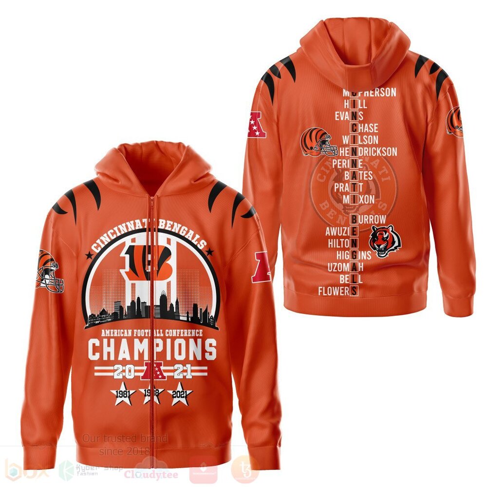BEST NFL Cincinnati Bengals Champions 2021 Orange All Over Print Hoodie, T-Shirt 4 NFL Cincinnati Bengals Champions 2021 Orange 3D Hoodie Shirt 1 2 3