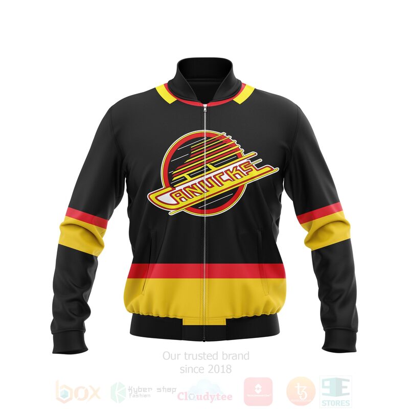 BEST NHL Vancouver Canucks Team Personalized Black PU 3D Bomber Jacket 3 NHL Vancouver Canucks Team Personalized Black 3D Bomber Jacket 1 2