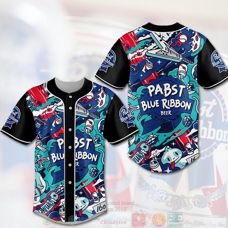 HOT Pabst Blue Ribbon Beer black blue Baseball Jersey 3 Pabst Blue Ribbon Beer black blue Baseball Jersey