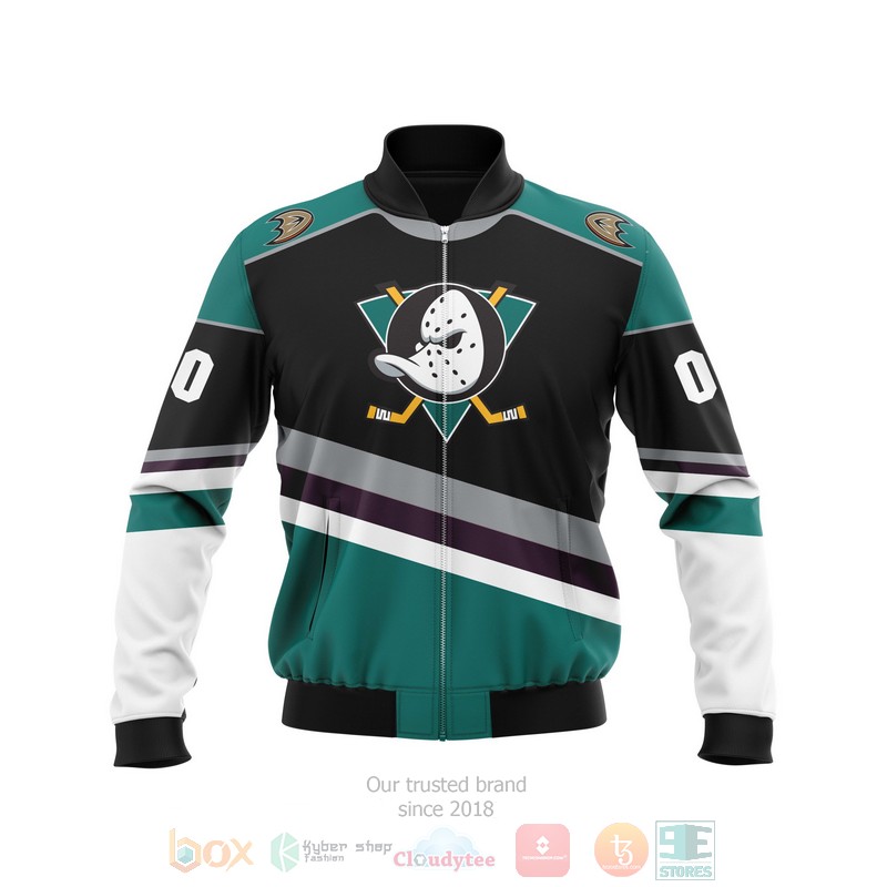 Personalized Anaheim Ducks NHL black green custom 3D Bomber Jacket 3 Personalized Anaheim Ducks NHL black green custom Bomber Jacket 1 2