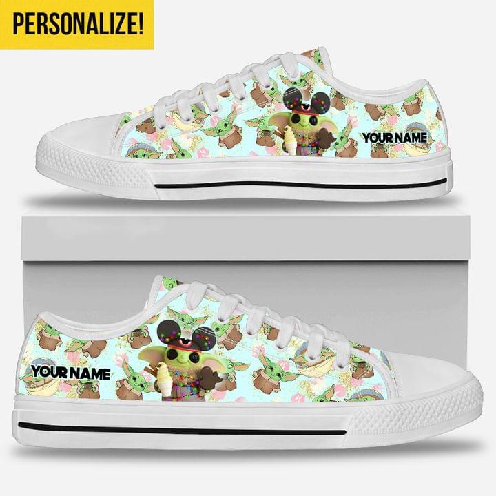 Personalized Baby Yoda Mickey Mouse Light Shape Custom Canvas Low Top Shoes