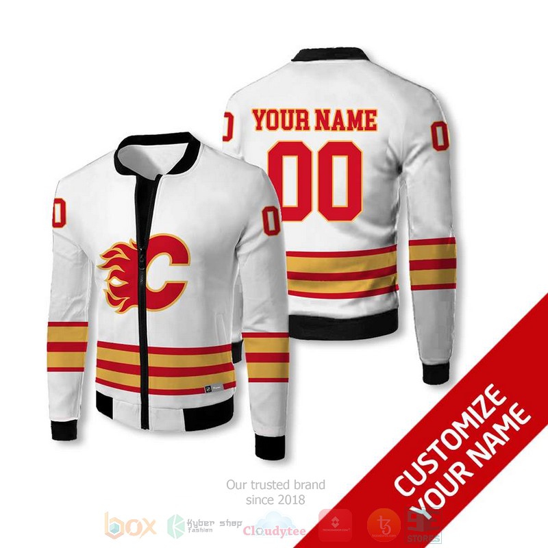 Personalized Calgary Flames NHL white yellow custom Bomber Jacket