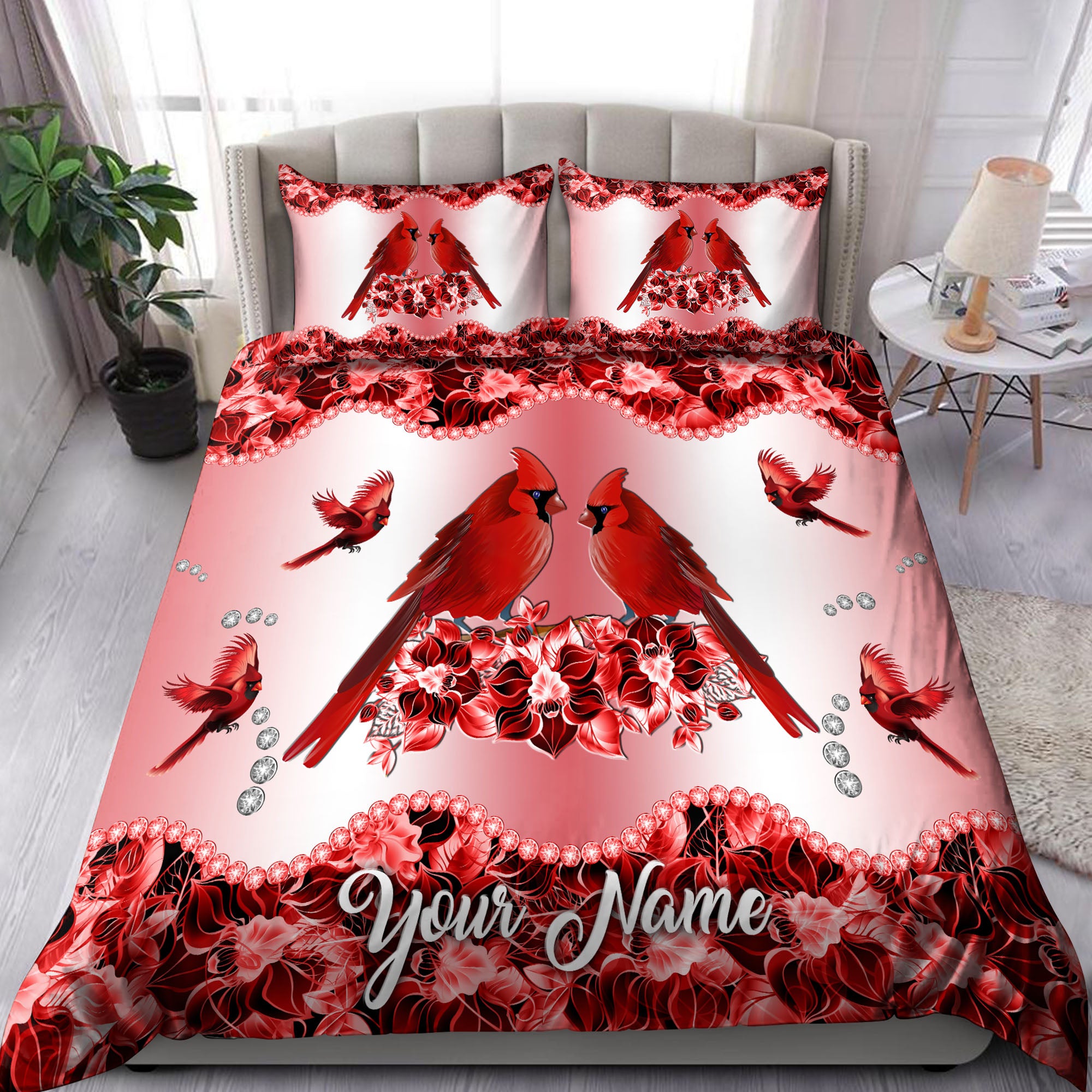 Personalized Cardinal Bird Couple Flowers Custom Bedding Set 1