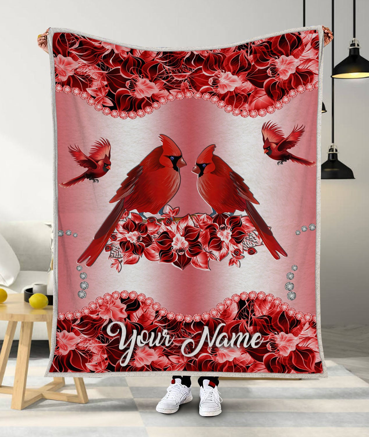 Personalized Cardinal Bird Couple Flowers Custom Blanket