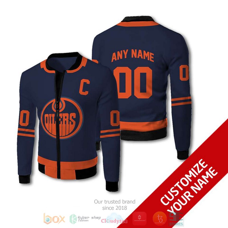 Personalized Edmonton Oilers NHL custom dark blue orange bomber jacket